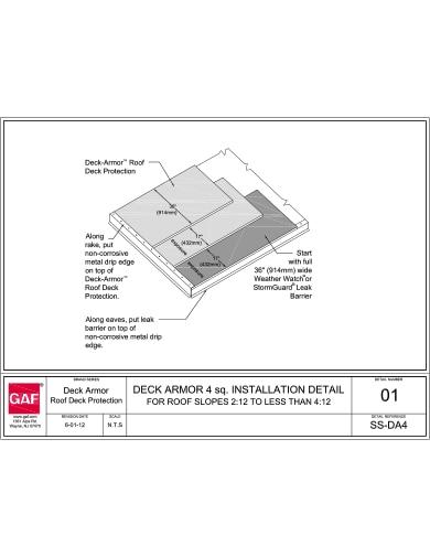 SS-DA4-01 Deck-Armor™ 4sq. Installation Detail For Roof Slopes 2:12 to less than 4:12 